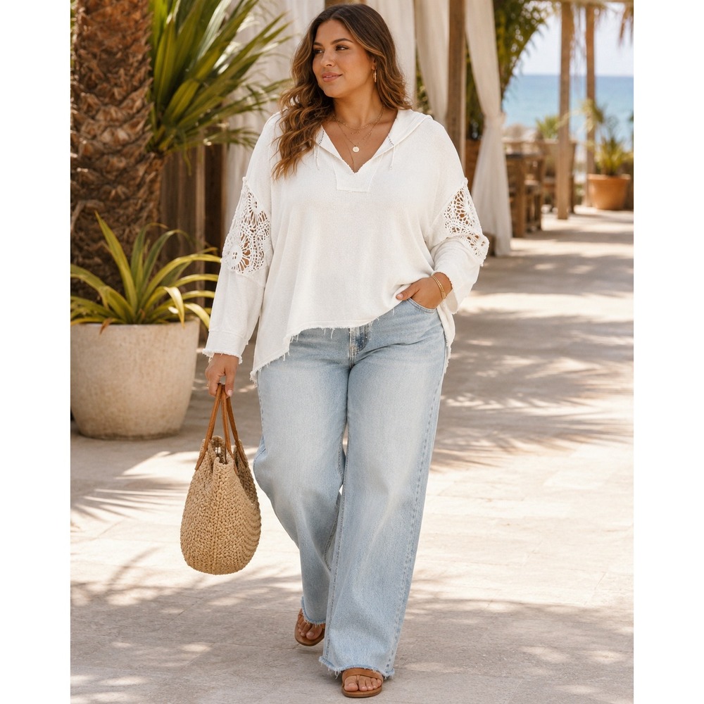Live Well Lifestyle White Crochet Lace Sleeve Hoodie Plus Size 18/20W Boho‎ Top